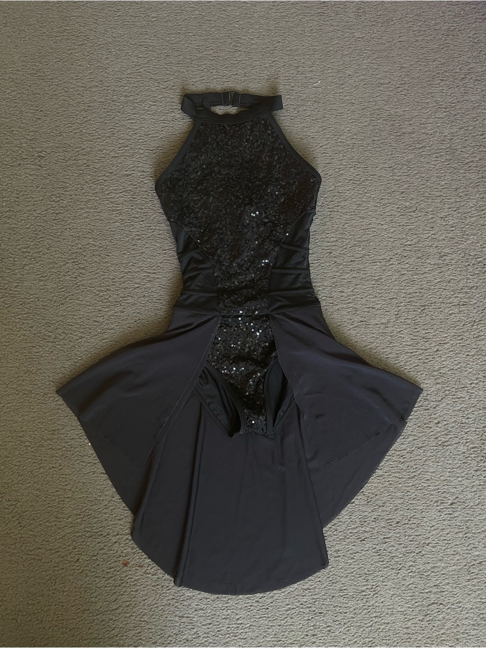 Black Backless Sequin Halter Dress with Flared Skirt
